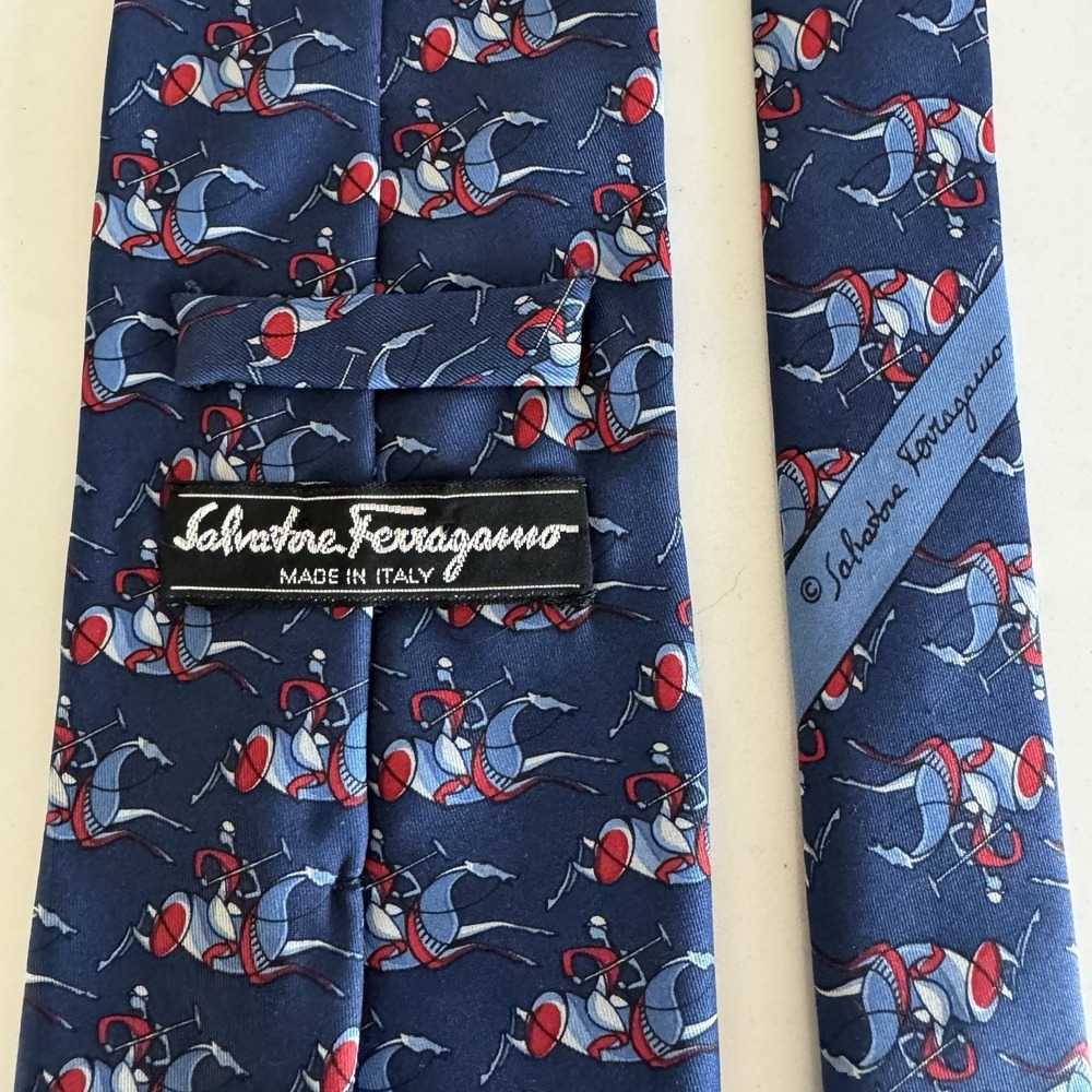 Salvatore Ferragamo Silk Necktie Navy Blue Red Equestrian Horse Jockey Classic - Picture 3 of 6